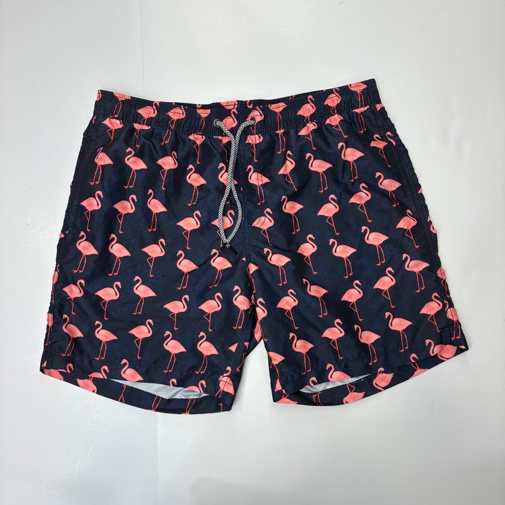 Maamgic Mens Flamingo Print Swim Trunks Navy Blue Pink Mesh Lined Shorts Small‎